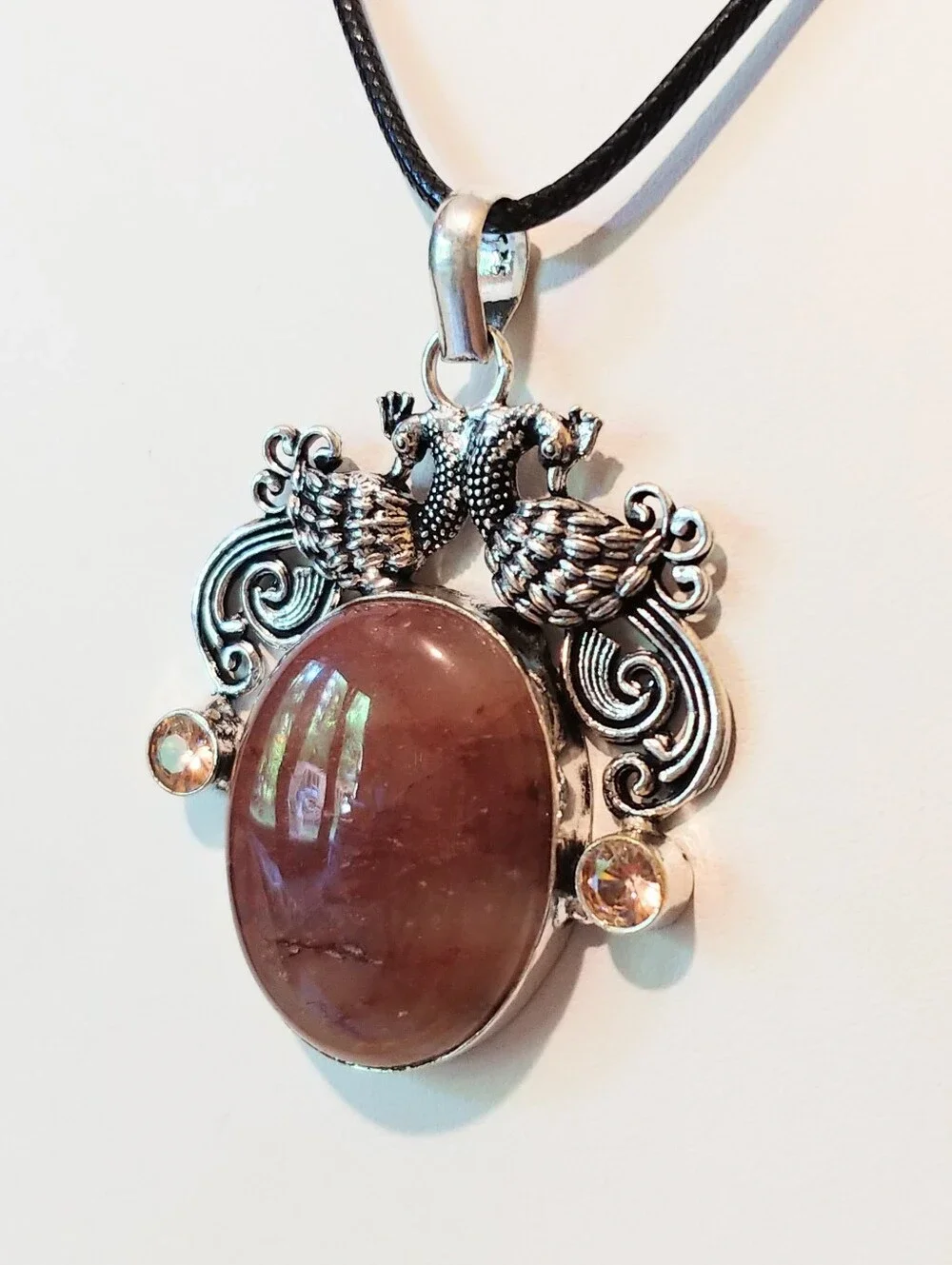 NWOT Natural Strawberry Quartz Double-Peacock Pendant .925 Sterling Overlay
